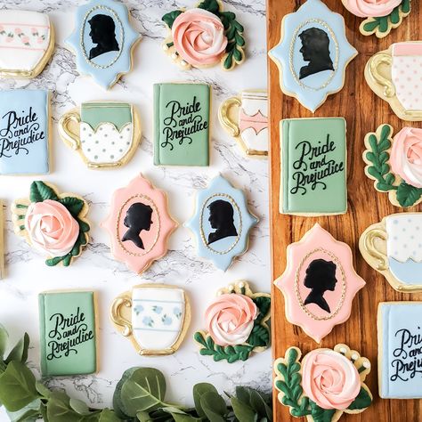 Decorated sugar cookies. Pride and Prejudice. Tea cup sugar cookies. Floral sugar cookies. Book sugar cookies. Pride And Prejudice Decorations, Jane Austen Cookies, Pride And Prejudice Cake Ideas, Tea Party Sugar Cookies Decorated, Pride And Prejudice Themed Food, Pride And Prejudice Bridal Shower Ideas, Pride And Prejudice Themed Party, Pride And Prejudice Party Decorations, Bridgerton Cookies Decorated