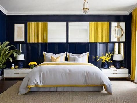 Navy And Mustard Bedroom, Colorful Modern Bedroom, Blue Yellow Bedrooms, Mustard Bedroom, Mom Room, Blue And Gold Bedroom, Blue Kids Room, Maximalist Bedroom, Soothing Bedroom