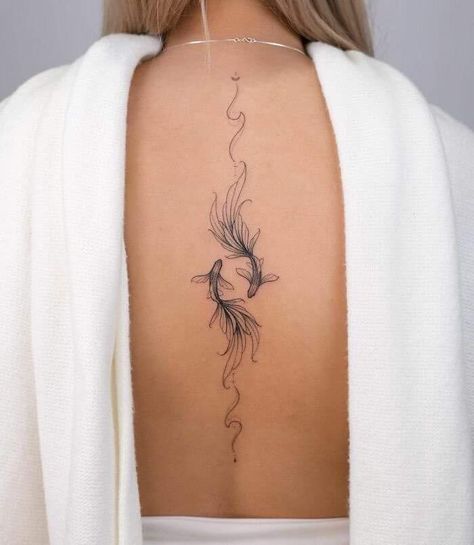 Back Tattoo Women Pisces, Hot Spine Tattoos, Pisces Spine Tattoo, Ocean Spine Tattoos For Women, Koi Fish Spine Tattoo, Ocean Back Tattoo, Snake Spine Tattoo, Water Tattoos, Back Tattoo Women Spine