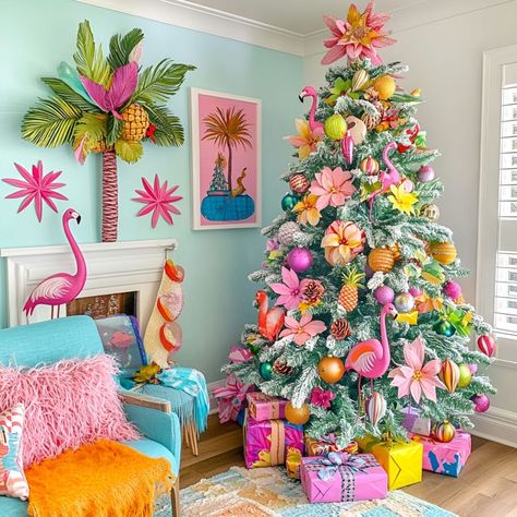 Design a tropical-inspired Christmas tree using flamingos, pineapples, and palm leaf ornaments. Pair with colorful room art for a warm, beach-style holiday look that’s perfect for a bright and festive celebration. Christmas Tree With Palm Leaves, Summer Christmas Tree Decorations, Flamingo Theme Christmas Tree, Summer Tree Ideas, Tropical Christmas Decor, Summer Christmas Tree Ideas, Holiday Trees Year Round, Summer Tree Decorations, Hawaiian Christmas Decorations