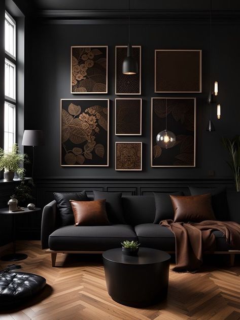 Dark Masculine Living Room, Dark House Ideas, All Black Interior Design, 3ds Max Interior, Moody Academia, Speakeasy Room, Sala Industrial, Dark Academia Design, Elegant Bookcase