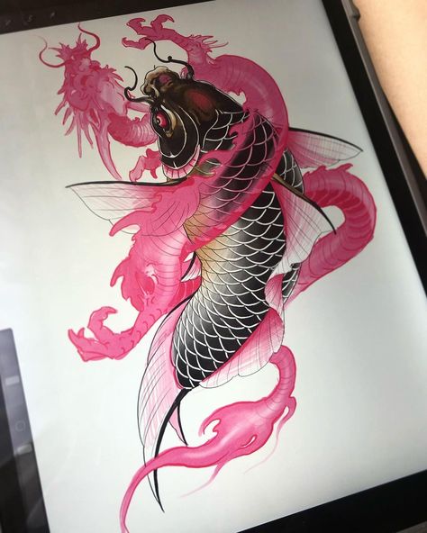 Koi fish with a dragon spirit! Quick concept I’d like to tattoo | Instagram Fish Tattoo For Women, Koi Fish Drawing Tattoo, Pez Koi Tattoo, Dragon Koi Tattoo Design, Tattoo Fishing, Koi Dragon Tattoo, Karp Koi, Japanese Koi Fish Tattoo, Easy Drawing Step By Step