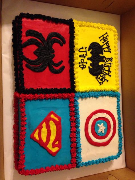 Superhero sheet cake Spidey Sheet Cakes, Avengers Sheet Cake, Superhero Sheet Cake Ideas, Superhero Buttercream Cake Ideas, 2 Tier Superhero Cake, Pastel Rectangular, Avenger Birthday Party, Cupcake Birthday Cake, Batman Birthday