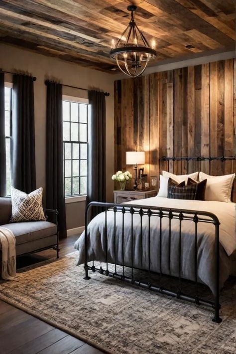 Rustic bedroom with a reclaimed wood accent wall Wood Plank Accent Wall Bedroom, Rustic Wood Accent Wall Bedroom, Rustic Small Bedroom, Brown Accent Wall Bedroom, Rustic Accent Wall Ideas, Wood Accent Wall Bedroom, Rustic Accent Wall, Cozy Cabin Interior, Master Suite Decor