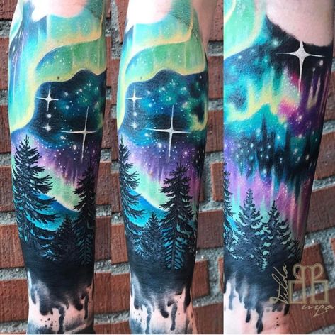 120 Cool Space Tattoo Ideas - Galaxy, Universe Tattoo Designs - TattoosBoyGirl Aurora Borealis Tattoo, Lights Tattoo, Northern Lights Tattoo, Galaxy Tattoos, Space Sleeve, Natur Tattoo Arm, Space Tattoo Sleeve, Watercolor Tattoo Sleeve, Sky Tattoos