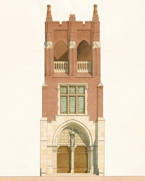 St. Joseph College Seminary, crafted from a local brick similar to the neighboring college and stone detailing drawing from neo-gothic… | Instagram Tattoos Cybersigilism, Microhome Competition, Micro Resort, Gothic Instagram, Detailing Drawing, Brick Gothic, Architecture Watercolor, Watercolor Rendering, Neo Gothic Architecture