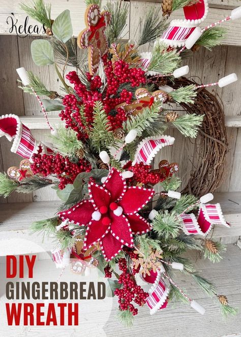 This Christmas wreath tutorial features a fun combination of gingerbread, poinsettia, and classic elements. You'll love the finished gingerbread wreath for your front door. Christmas Grapevine Wreath Ideas, Poinsettia Wreath Tutorial, Grapevine Wreath Ideas, Gingerbread Wreaths, Christmas Wreath Tutorial, Christmas Grapevine Wreath, Diy Seasonal Decor, Wreath Making Tutorials, Wreaths Videos