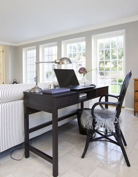 a vintage black desk and chair differ in style and stand out from a rustic space, it helps to visually separate the spaces Living Room With Desk, Desk Behind Couch, Room With Desk, Living Room Office Combo, Couch Ideas, Behind Couch, Office Nook, Desk In Living Room, Living Room Corner