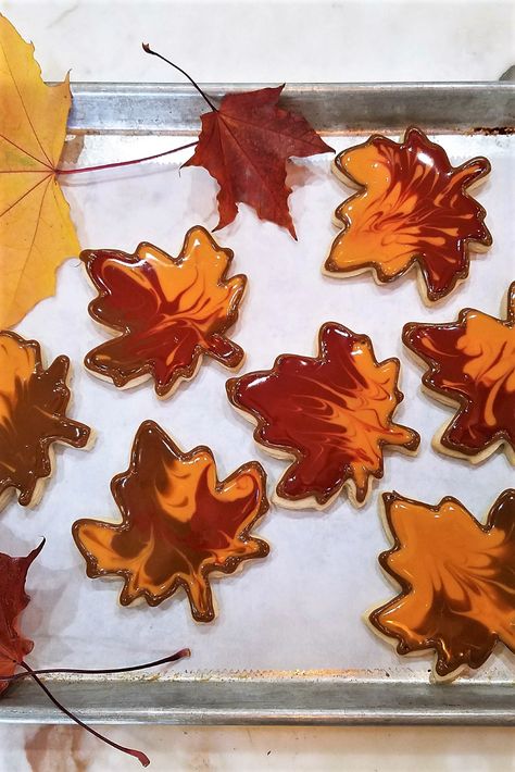 Autumn Maple Leaf Sugar Cookies | Rolled Sugar Cookies | Maple Icing | How to flood and marble cookie icing Decorated Maple Leaf Cookies, Frosted Leaf Cookies, Maple Leaf Sugar Cookies, Autumn Leaf Cookies, Decorated Leaf Cookies, Fall Leaf Cookies Royal Icing, Marbled Sugar Cookies Royal Icing, Fall Leaf Sugar Cookies, Maple Leaf Cookies Decorated