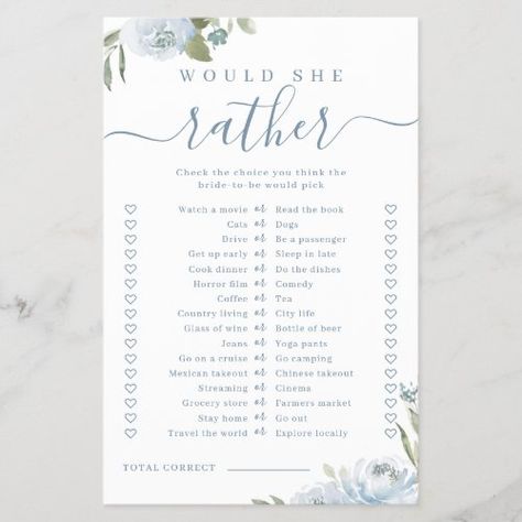 $ 1.35 | Blue floral would she rather bridal shower game #unique fun bridal shower games, hilarious bridal party games, would she rather game, bachelorette wedding parties, baby shower games, rustic greenery fall winter wedding, watercolor botanical floral leaves, elegant spring country botanical garden, modern script boho summer wedding, simple dusty blue sage green Would She Rather Bridal Shower Game, Blue Bridal Shower Themes, Blue Bridal Shower Decorations, Bachelorette Crafts, Bridal Party Games, Shower Activities, Would She Rather, Bridal Shower Inspo, Fun Bridal Shower Games