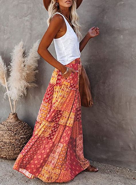 Womens Vintage Maxi Skirt with Pockets Floral Print Maxi Skirt Bohemia High Waist Summer Long Dresses, 2023 Spring Fashion , boho Bohemian Style Skirts, Look Hippie Chic, Stile Boho Chic, High Waist Long Skirt, Mode Hippie, Low Cut Dresses, Suspenders For Women, Maxi Skirt Boho, Red Boho