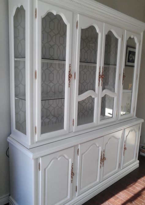 Mercury Lamps, White China Cabinets, China Cabinet Redo, China Cabinet Makeover, Long Narrow Living Room, Painted China Cabinets, Dining Table Makeover, Redo Cabinets, Narrow Living Room