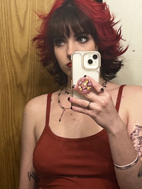 #shorthairstyles #alternativehair #redhair #blackhair #bangs Red Hair With Black Tips Short, Bleaching Red Hair, Red Hair Black Bangs, Vampire Bangs Short Hair, Short Red Hair With Bangs, Red Hair No Bleach, Simply Plural, Bangs Inspiration, Raspberry Hair