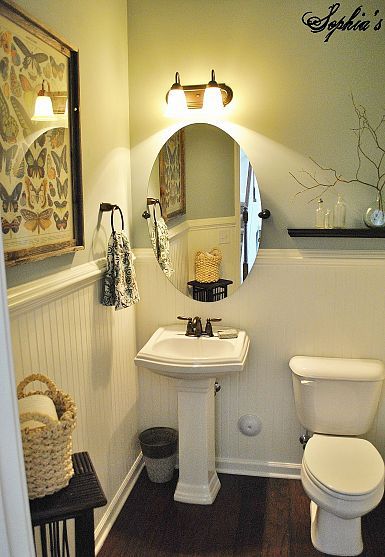 @Denise Burck was thinking of you when I saw this...maybe an idea or two for you! Powder Room Makeover, Powder Room Decor, Pedestal Sink, Downstairs Bathroom, Bathroom Redo, Bath Room, Bathroom Renos, Bath Remodel, Wainscoting