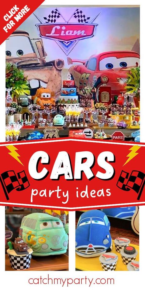 Check out this cool Disney Cars birthday party! The cake is amazing! See more party ideas and share yours at CatchMyParty.com Pixar Cars Party Favors, Macqueen Theme Party, Cars Movie Birthday Party, Cars 2nd Birthday Party, Disney Pixar Cars Birthday Party, Lightning Mcqueen Birthday Party Ideas, Disney Cars Theme Birthday Party, Pixar Cars Birthday Party, Cars Party Ideas