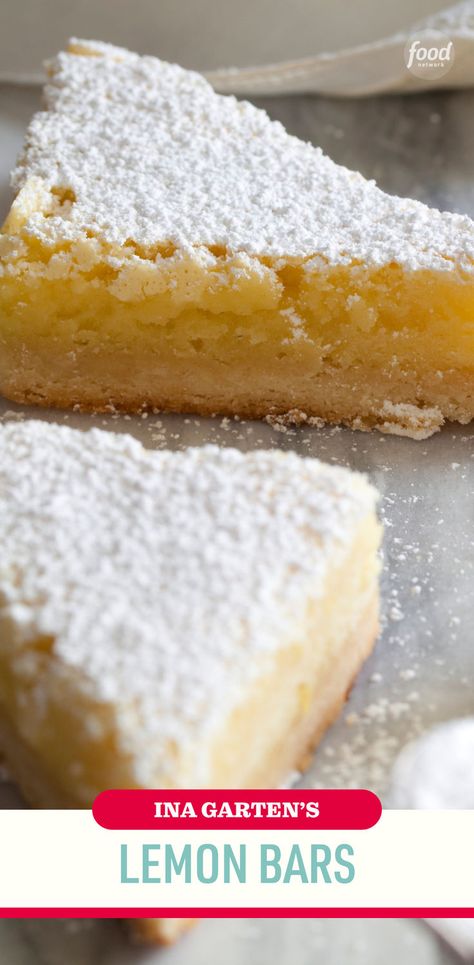 Recipe of the Day: Ina Garten's Lemon Bars 🍋 Thanks to both juice and zest, these lemon bars are bursting with citrus flavor. The curd is set in a buttery shortbread crust, which comes together quickly. Finish them with a dusting of powdered sugar, and you're ready for a party! Barefoot Contessa Lemon Bars, Ina Garten Lemon Bars, Picnic Dessert, Classic Lemon Bars, Picnic Desserts, Curd Filling, Lemon Bars Recipe, Buttery Shortbread, Shortbread Crust