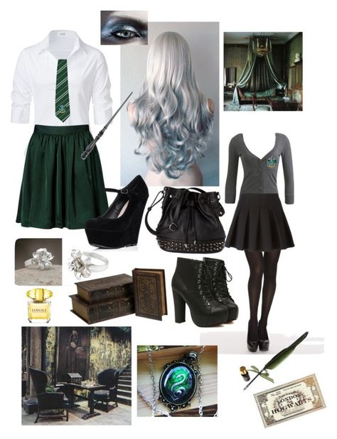 "Slytherin uniform&accessories" by fynaelectra ❤ liked on Polyvore featuring Vogue, Wet Seal, Steffen Schraut, H&M, Alexander Wang, Forever 21, NOVICA and Versace Hogwarts Friends, Slytherin Student, Slytherin Uniform, Slytherin Costume, Slytherin Outfit, Slytherin Clothes, Harry Potter Dress, Slytherin Fashion, Stile Harry Potter