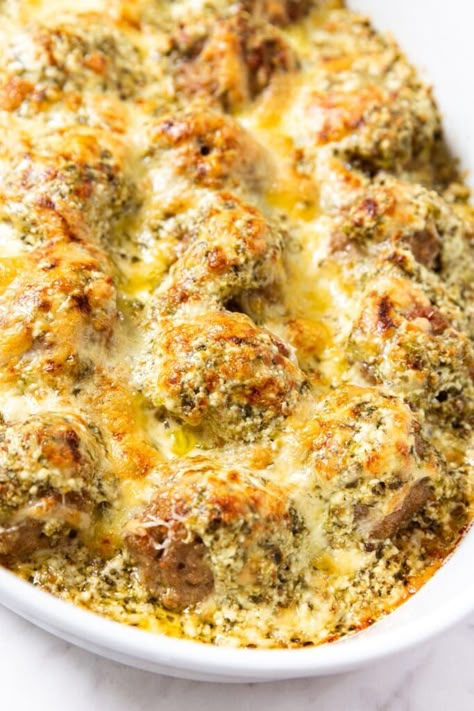 Holiday Meatballs, Wyse Guide Recipes, Pesto Meatballs, Baked Spinach Artichoke Dip, Butter Herb, Wyse Guide, Baked Spinach, Pesto Cheese, Festive Appetizers