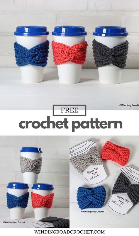 This twisted cup cozy is a quick and easy crochet project. Whip up a few to take with you or use the free crochet pattern to make some last-minute gifts. Crochet Coffee Cup, Cup Cozy Crochet Pattern, Winding Road Crochet, Cup Cozy Pattern, Crochet Mug Cozy, Crochet Coffee Cozy, Crochet Coffee, Crochet Cup Cozy, Cozy Crochet Patterns