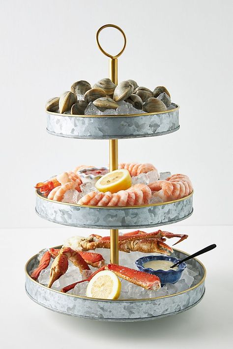 Seafood Tower Platter | Anthropologie Fruit Display Wedding, Silver Serveware, Seafood Tower, Fruit Displays, Seafood Platter, Seafood Boil, Oyster Bar, Family Table, Bright Ideas