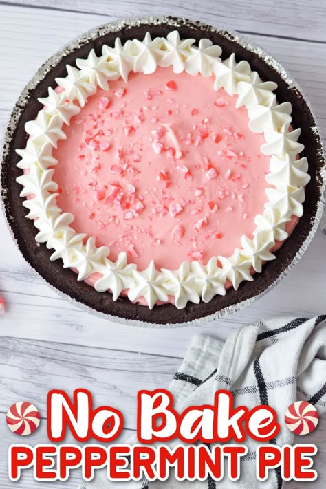 Add this no bake peppermint pie recipe to your holiday season recipe collection and you'll be invited to all the Christmas celebrations! With a cool and delicious peppermint flavor and a pretty candy cane garnish, this no bake dessert a perfect fit for a festive holiday party. Peppermint Pie Recipe, Pie With Oreo Crust, No Bake Candy, Peppermint Pie, Candy Cane Pie, Christmas Pie Recipes, Candy Cane Dessert, Frozen Pudding, Peppermint Dessert