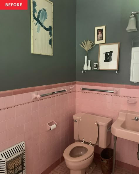 Vintage Pink Tile Bathroom Ideas, Old Pink Tile Bathroom Ideas, Pink Tile Bathroom Makeover, Pink Tiled Bathroom, Vintage Pink Tile Bathroom, Pink Tile Bathroom Ideas, Pink Vintage Bathroom, Green And Pink Bathroom, 1930s Bathroom