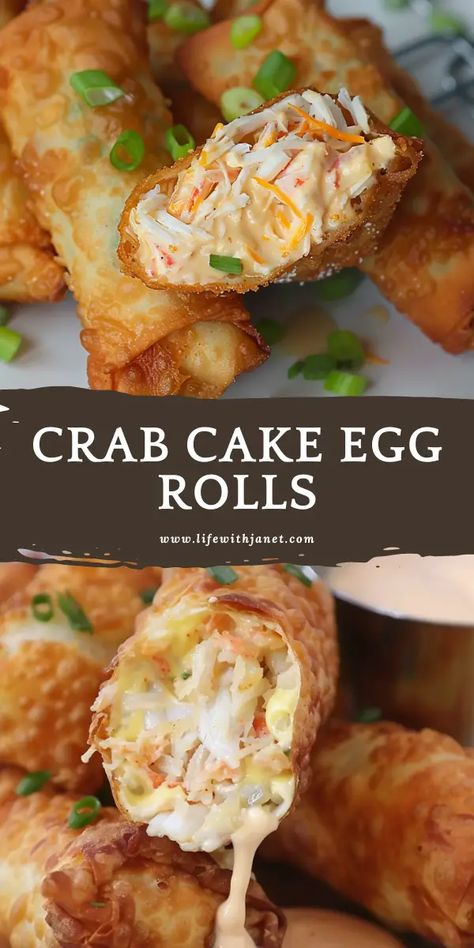 Crab Cake Egg Rolls Crab Meat Egg Roll Recipes, Seafood Deviled Eggs Crab Meat, Dishes With Crab Meat, Lump Crab Egg Rolls Recipes, Egg Roll Variations, Crab Meals, Seafood Egg Rolls Recipe, Unique Seafood Recipes, Seafood Dinner Sides