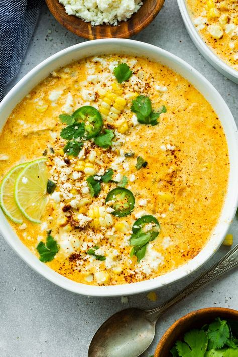 A delicious twist on the classic Elote (Mexican Street Corn) recipe, this soup is full of flavor and a quick and easy soup for dinner. #mexicanstreetcornsoup #elote #souprecipe #cornsoup Elote Corn Soup Recipe, Mexican Street Corn Chowder, Street Corn Chowder, Mexican Corn Chowder, Mexican Street Corn Soup, Street Corn Soup, Mexican Street Corn Recipe, Street Corn Recipe, Corn Soup Recipes