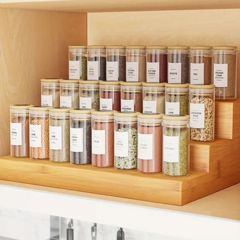 Glass Bottles: Spice Jars Bamboo Tops Labels Sleek Farmhouse - Temu Pantry Bin, Minimalist Farmhouse, Spice Jar Set, Storage Room Organization, Glass Spice Jars, Spice Labels, Clear Jars, Spice Storage, White Pen