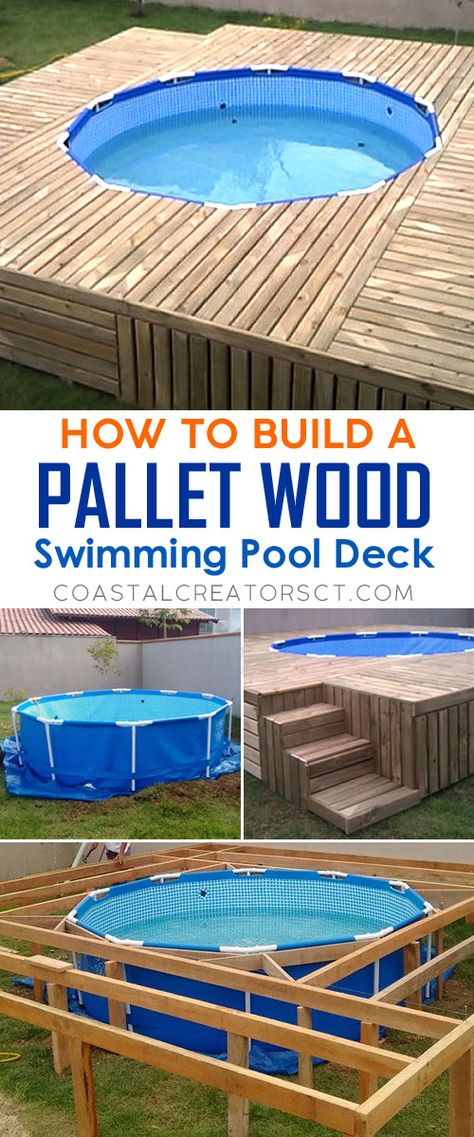 If you own an above-ground swimming pool or plan on adding one to your yard, you are going to love this DIY project. The supplies are basically free if you use pallet wood. All you need to do is supply the labor. Piscina Pallet, Oberirdischer Pool, Pallet Pool, Deck Piscina, Swimming Pool Decks, Diy Swimming Pool, Pallet Patio, Above Ground Pool Decks, Diy Pool