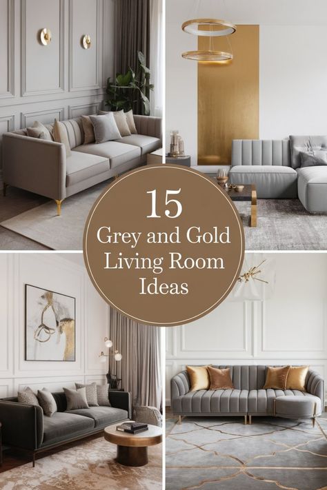 15 stylish grey and gold living room ideas in a collage of elegant interiors. Gold White And Grey Living Room, Grey And Gold Living Room Ideas, Black White Gray Gold Living Room, Grey Walls Grey Couch, Gold And Grey Living Room, Living Room With Gold Accents, Cozy Glam Living Room, Grey And Gold Living Room, Grey Living Room Ideas Color Schemes