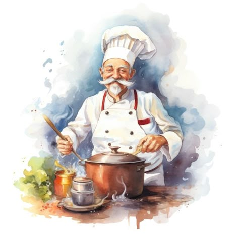 Watercolor Character, Cook Illustration, Chef Images, Retro Watercolor, Christmas Pebble Art, Watercolor Wallpaper, Cooking Art, Animated Images, Art Inspiration Painting