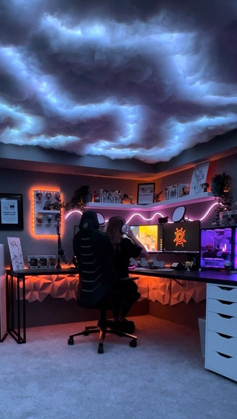 Room Ideas For Teen Boys, Youtube Room Setup, Cool Gaming Rooms, Youtube Room, Youtube Setup, Room Improvement, Games Room Inspiration, Cloud Ceiling, Small Game Rooms