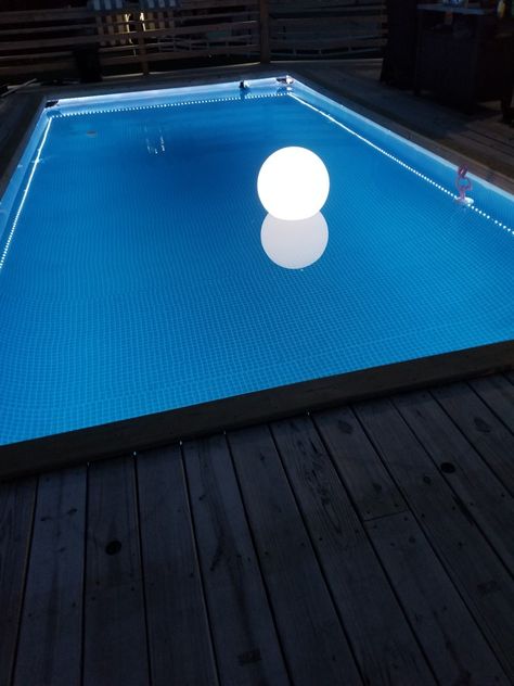 Added some lighting Lights For Above Ground Pool, Above Ground Pool Lights At Night, Pool Cage Lighting, Pool Led Lights, Swimming Pool Led, Above Ground Pool Decks, Above Ground Pool, Pool Decks, In Ground Pools