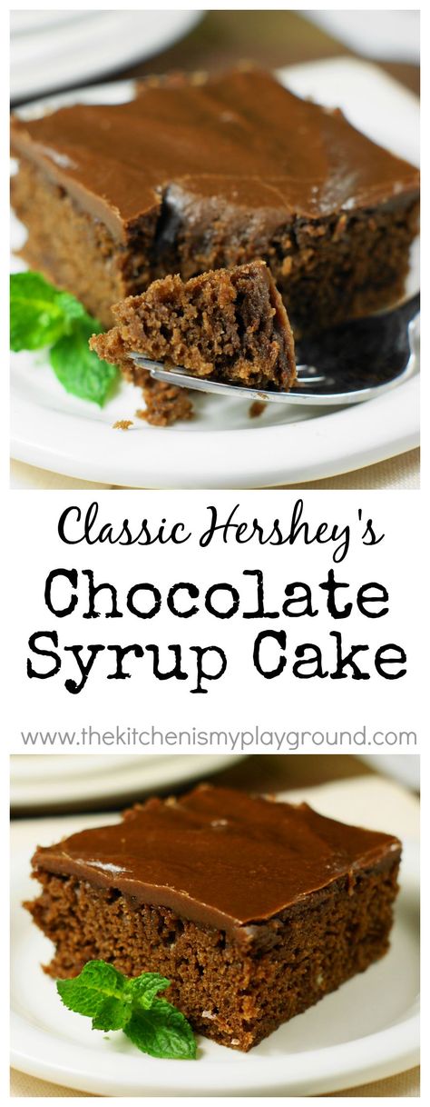 Classic Hershey's chocolate syrup cake, topped with rich boiled chocolate icing ~ moist, tender, and delicious.   www.thekitchenismyplayground.com Boiled Chocolate Icing, Chocolate Syrup Cake, Hershey Chocolate Cakes, Syrup Cake, Hershey's Chocolate, Chocolate Icing, Hershey Chocolate, Cake Icing, Köstliche Desserts