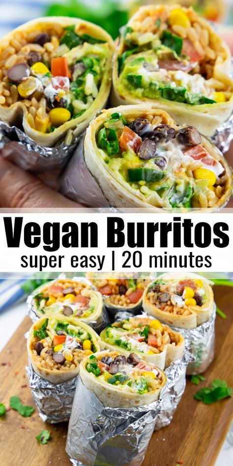 Burrito Vegan, Vegan Burritos, Resep Vegan, Rice Black Beans, Oreo Desserts, Black Beans Corn, Vegan Burrito, Vegan Lunch Recipes, Vegan Sour Cream