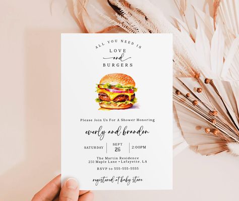 Love and Burgers Invitation | BBQ Bridal Shower Invite | Instant Download | Editable Template Couples Wedding Shower Picnic, Cookout Wedding Shower Ideas, Bbq Bridal Shower Ideas, Couple Shower Themes, Wedding Shower Ideas For Couples, Bridal Bbq, Couples Shower Ideas, Couples Wedding Shower Themes, Food Invitation