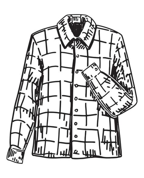 Doodle of checkered shirt. Outline drawing of cold season clothes. Hand drawn vector illustration. Single clipart isolated on white background. Shirt Outline Drawing, Shirt Outline, Shirt Doodle, Vector Infographic, Shirt Drawing, Outline Drawing, Hand Drawn Vector Illustrations, Infographic Template, Outline Drawings