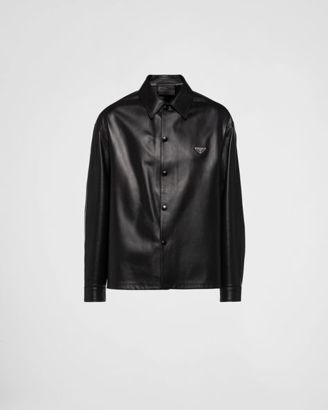 Black Nappa leather shirt | PRADA Leather Shirt Men, Mens Leather Shirt, Mens Casual Dress Outfits, Shirt Cuff, Mens Black Leather, Leather Shirt, Triangle Logo, Prada Men, Grey Shirt