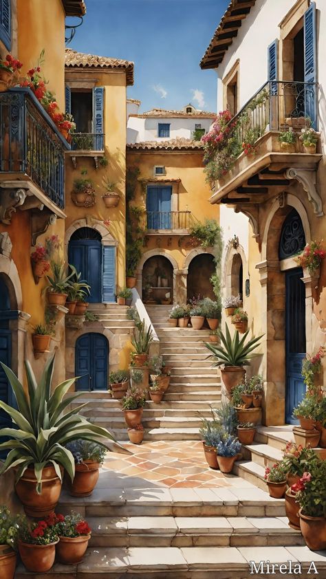 Italian Architecture Drawing, Italian Buildings Drawing, Fantasy Italian City, Italian Street Drawing, Italian Countryside Painting, Tuscan Houses, Italian Villa Paintings, Italian Street, Italian Village