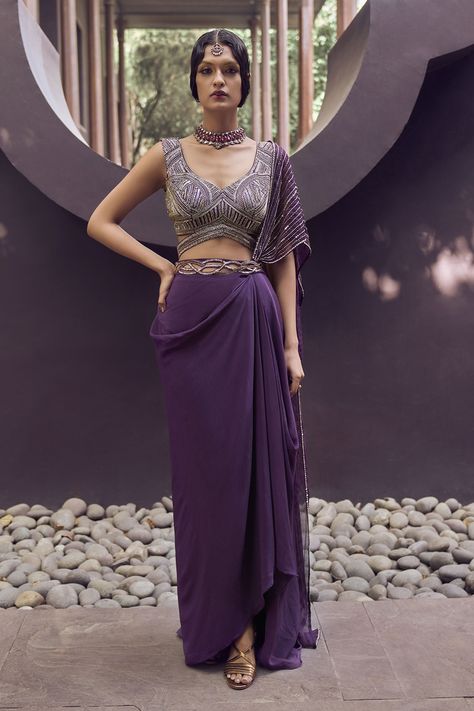 Buy Purple Blouse: Tussar Embroidered Roselyne Draped Skirt And Set For Women by Charu and Vasundhara Online at Aza Fashions. Skirt With Blouse, Skirt Organza, Skirt And Blouse Set, Purple Drapes, Crepe Skirt, Brocade Blouses, Crepe Skirts, Traditional Indian Outfits, Kurti Designs Party Wear