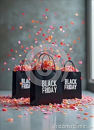 ai-generated-black-friday-shopping-bags-confetti-falling-top-scattered-arround-them Black Friday Photography, Confetti Falling, Friday Photography, Black Friday Shopping, Shopping Bags, Confetti, Black Friday, Photography, Black