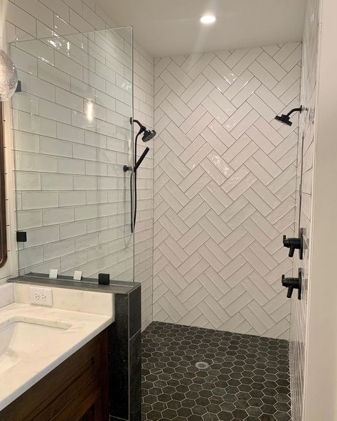 Southern Tile Company Herringbone Tile Shower Wall, Double Herringbone Tile, Herringbone Feature Wall, Herringbone Shower Tile, Herringbone Tile Bathroom, Modern Shower Design, Hex Tiles, Double Herringbone, Subway Tile Patterns