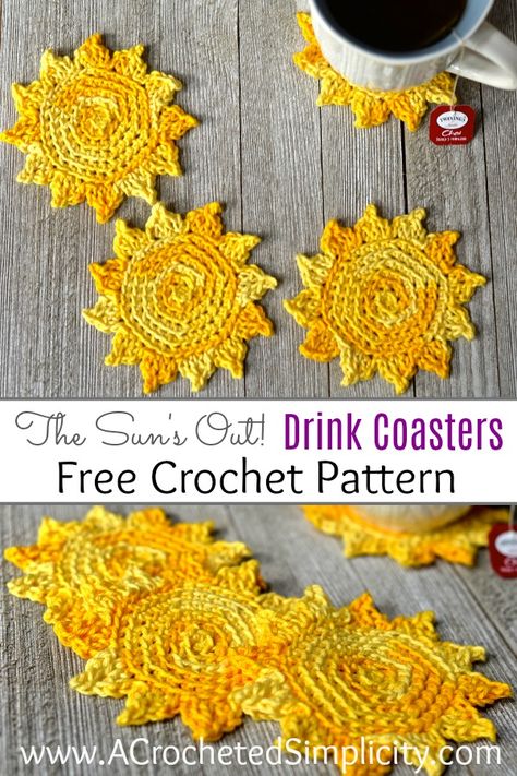 Free Crochet Pattern - The Sun's Out! Drink Coasters by A Crocheted Simplicity  #crochet #crochetcoaster #freecrochetpattern #handmade Quick Crochet Projects, Crochet Coasters Free Pattern, Easy Knitting Projects, Crochet Coaster Pattern, Crochet Kitchen, Quick Crochet, Crochet Coasters, Crochet Home, Easy Knitting