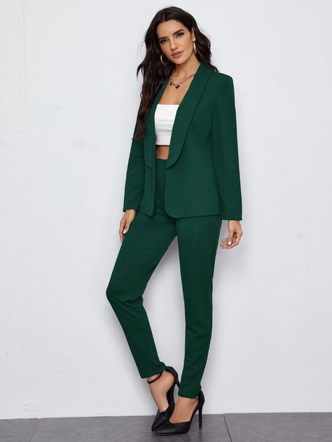 SHEIN Shawl Collar Open Front Blazer and Slant Pocket Pants Set | SHEIN USA Dark Green Blazer Outfit, Blazers For Women Outfits, Blazer Outfits For Women Casual, Green Suit Women, Green Blazer Outfit, Slant Pocket Pants, Dark Green Blazer, Green Pants Outfit, Dark Green Pants