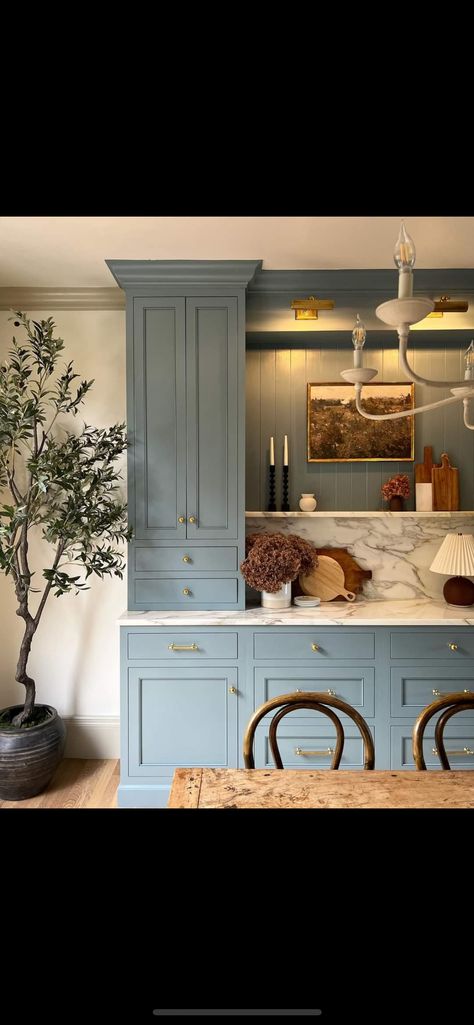 Cabinets That Look Like Furniture, Dusty Blue Cabinets, Dusty Blue Kitchen Cabinets, Light Blue Kitchen Island, Dusty Blue Kitchen, Light Blue Kitchen Cabinets, Brett Waterman, Light Blue Kitchen, Kitchen Desk Areas