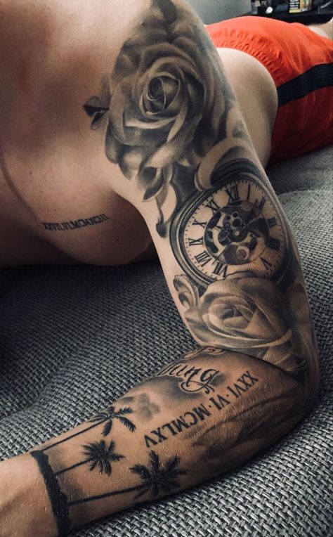 Modern Sleeve Tattoo Men, Time Arm Tattoo, Fill In Tattoo Ideas Sleeve, Tattoos Arm Mann, Left Arm Tattoos, Tattoo Placements, Rose Sleeve, Female Tattoos, Cool Arm Tattoos