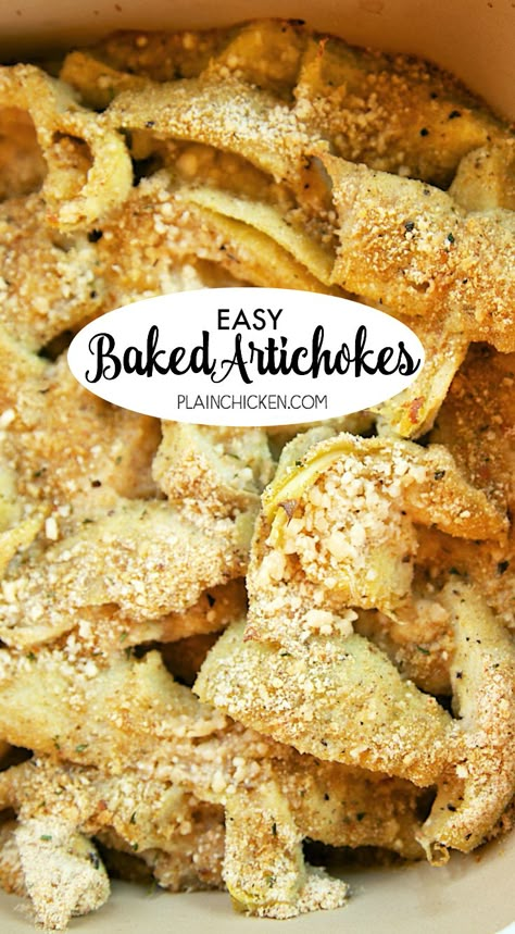 Easy Baked Artichokes - SO good and SOOO easy!!! All the flavors of stuffed artichokes without all the work. Canned artichokes, olive oil, garlic, bread crumbs and parmesan cheese. Only takes a minute to make! Great with steak, chicken pork and even pasta! LOVE quick and easy side dish recipes! Jarred Artichoke Recipes, Artichoke Recipes Baked, Canned Artichoke Recipes, Baked Artichokes, Canned Artichokes, Canned Artichoke, Artichoke Heart Recipes, Stuffed Artichokes, Baked Artichoke