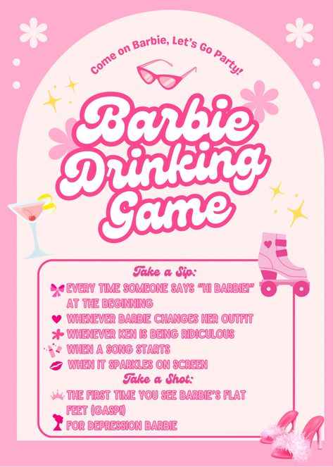 Barbie Drinking Game, Drinking Games Movie, Barbie Watch Party, Barbie Themed Birthday Party For Adults, Barbie Movie Party, Adult Barbie Birthday Party, Barbie Movie Night, Barbie Party Invitations, Barbie Party Games