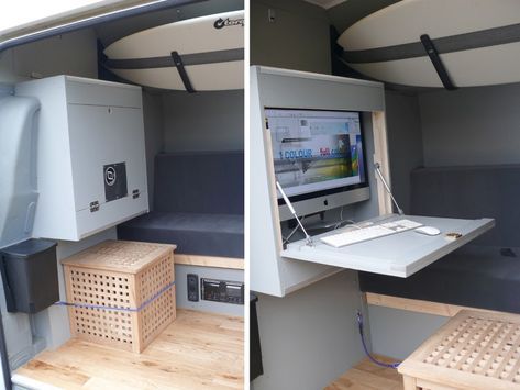 Urban-escape Ford Transit camper van with mobile office surfs the waves and web Van Conversion Office, Ambulance Interior, Camper Office, Vanlife Diy, Stealth Van, Van Office, Computer Cabinet, Camper Flooring, Ford Transit Camper